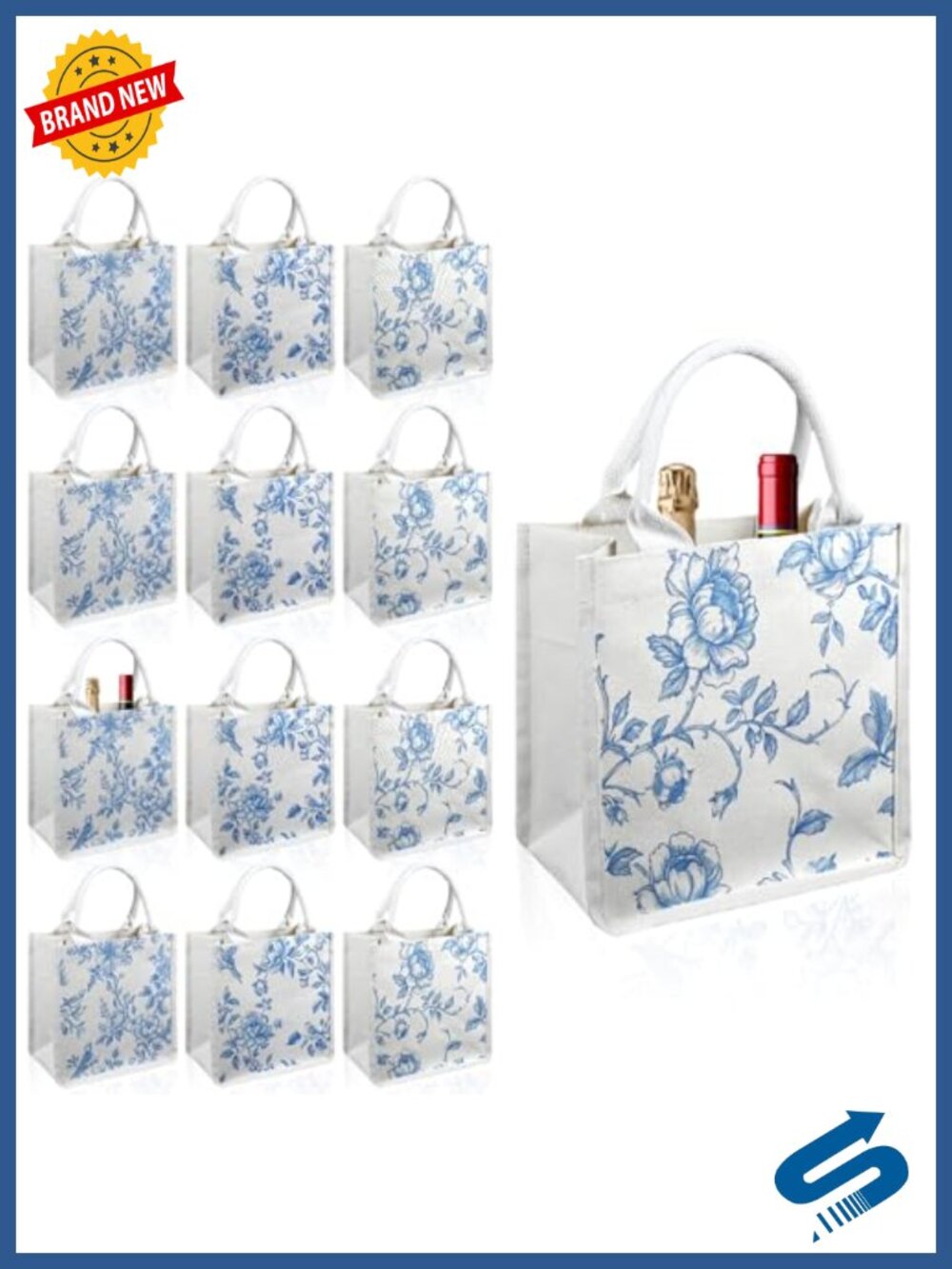 Set of 6 Burlap Jute Tote Bags with Handles Chinoiserie Floral Wedding Bridal